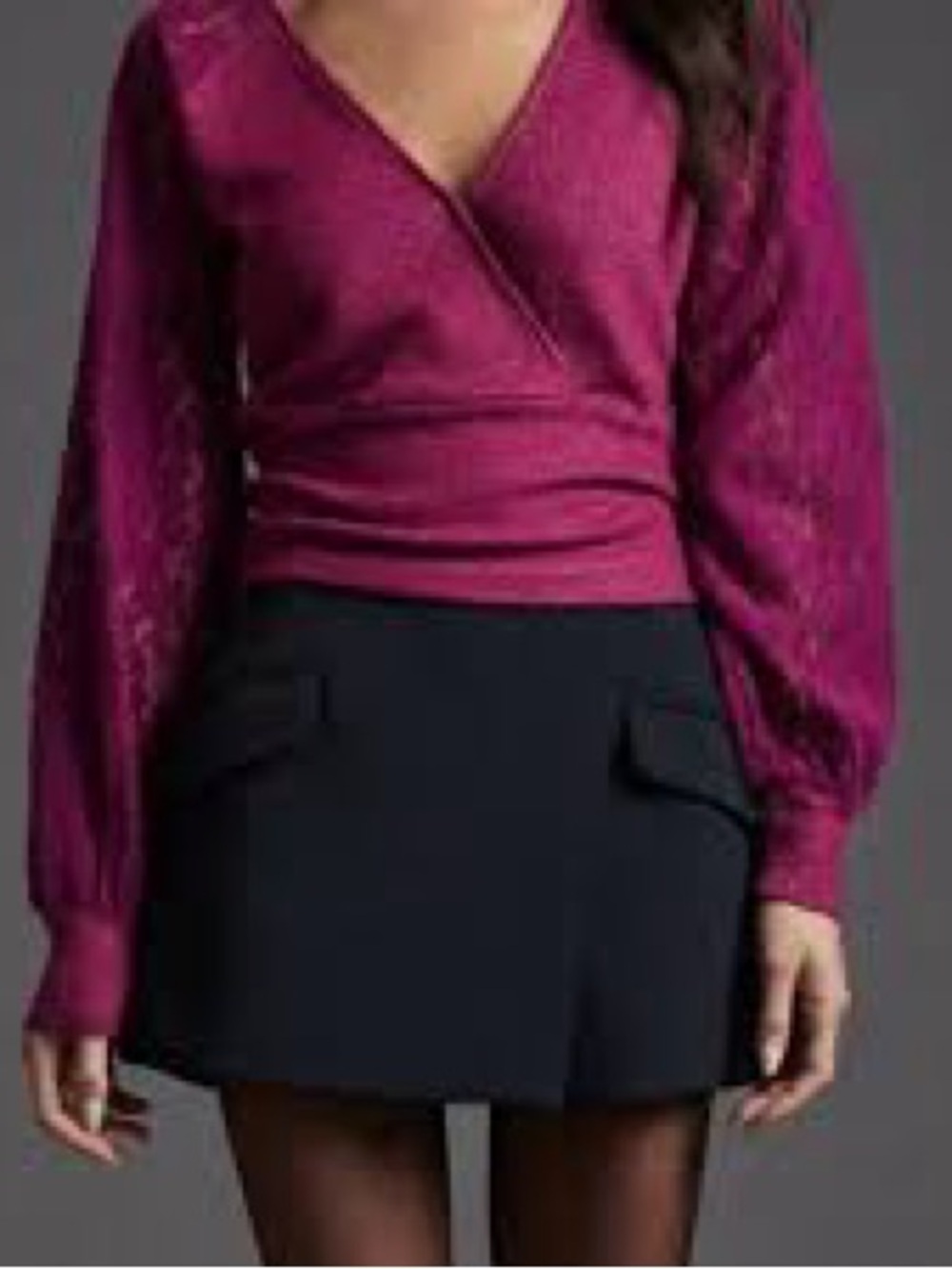 By Anthropologie Bright Magenta Ribbed/Laced Wrap Top Sz Large